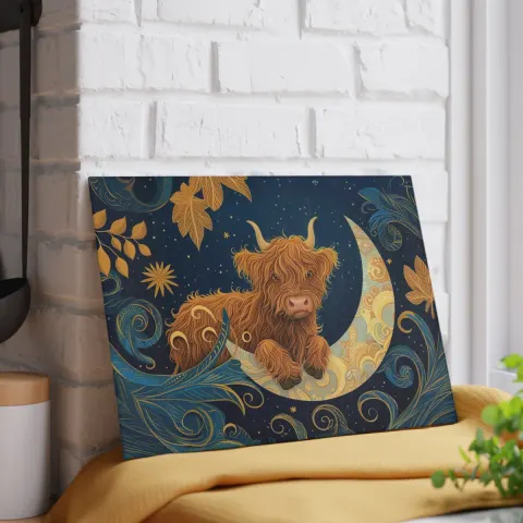 Baby Highland Cow on the Moon Glass Cutting Board, view 2