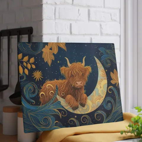 Baby Highland Cow on the Moon Glass Cutting Board, view 3