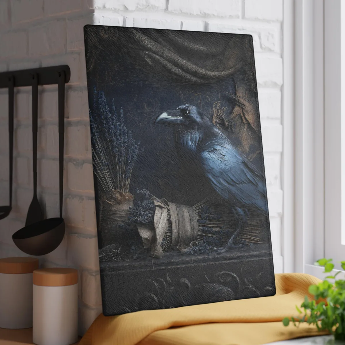 Dark Victorian Crow with Lavender Bundles Glass Cutting Board