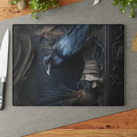 Dark Victorian Crow with Lavender Bundles Glass Cutting Board, view 2