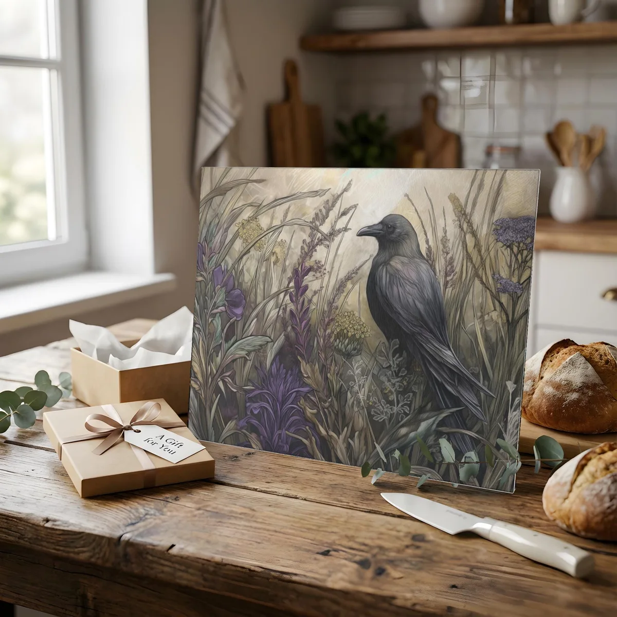 Enchanted Crow and Wildflowers Glass Cutting Board