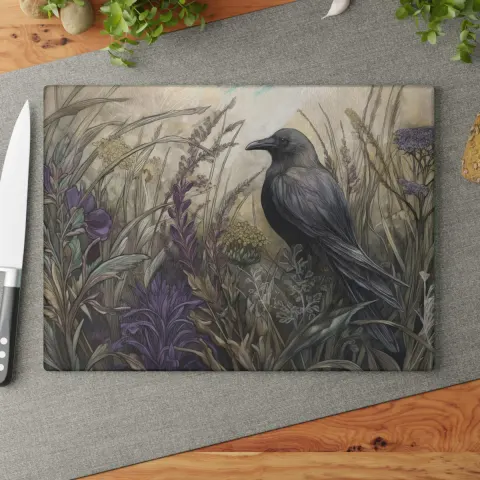 Enchanted Crow and Wildflowers Glass Cutting Board, view 3