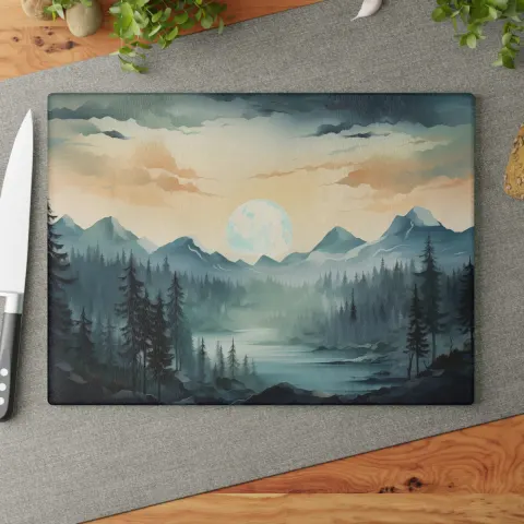 Foggy Pine Forest Full Moon Rising Mountain Scenery Cutting Board