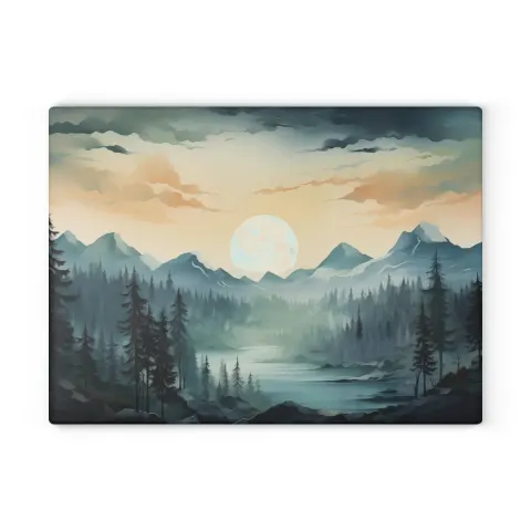 Foggy Pine Forest Full Moon Rising Mountain Scenery Cutting Board, view 2