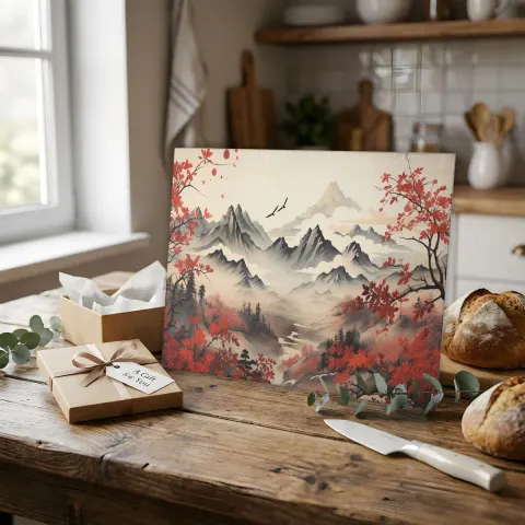 Japanese Abstract Sakura Mountain Art Cutting Board