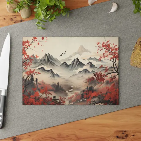 Japanese Abstract Sakura Mountain Art Cutting Board, view 2