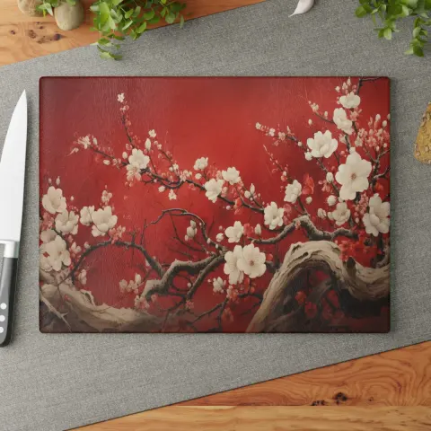 Japanese Sakura in Deep Red Background Cutting Board