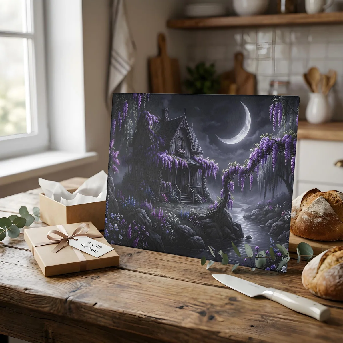 Midnight Wisteria Cottage Glass Serving Board Cutting Board