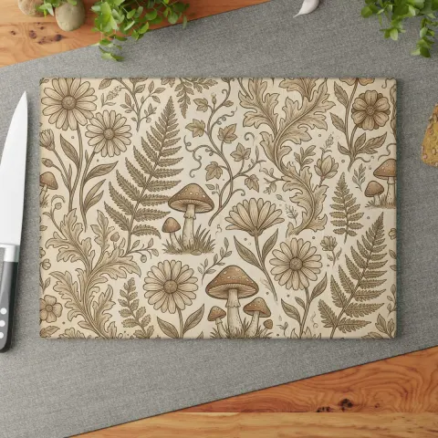 Mushroom and Fern Pattern Glass Cutting Board