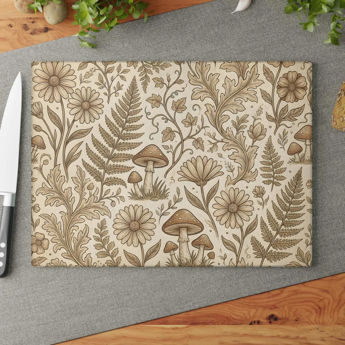 Mushroom and Fern Pattern Glass Cutting Board