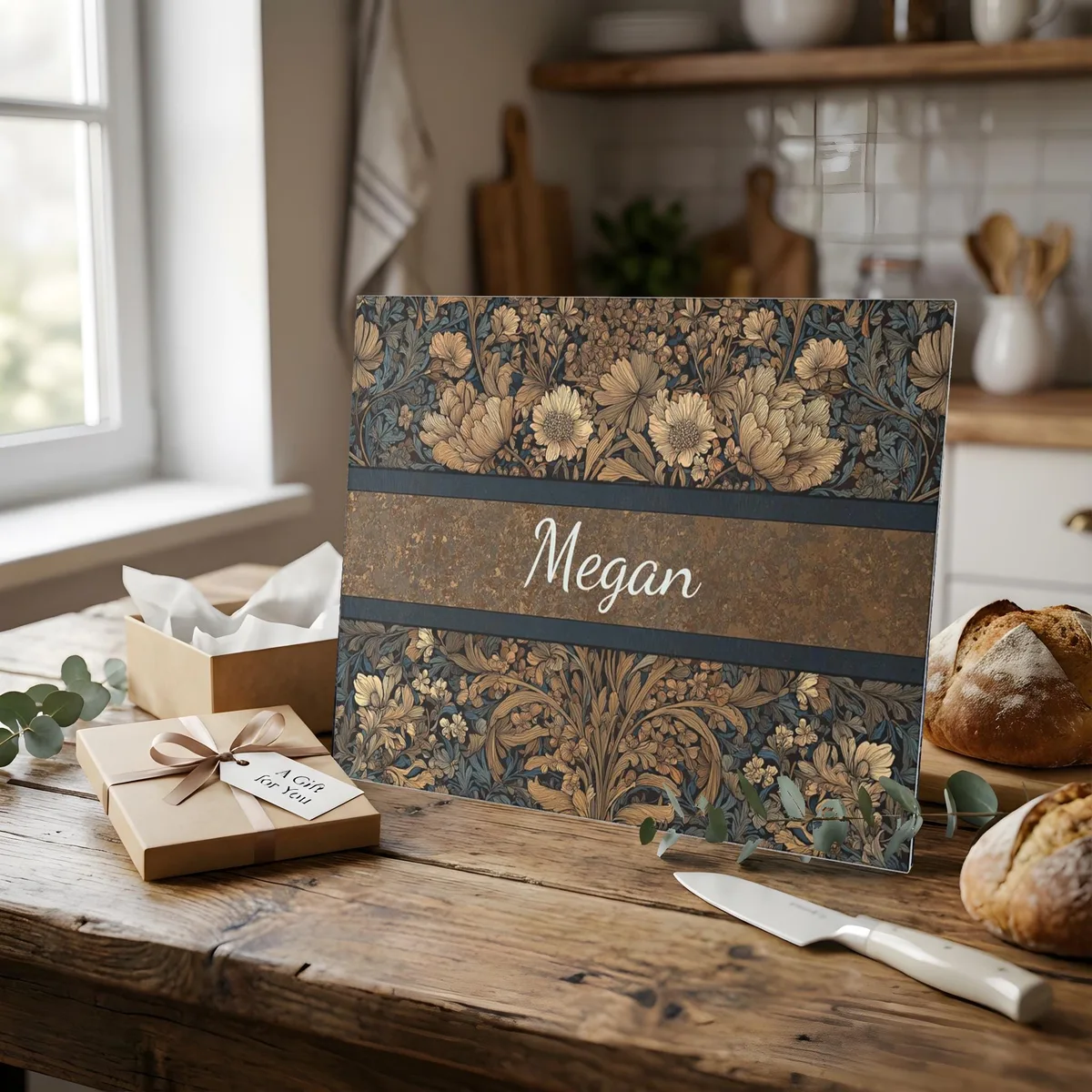 Personalized Dark William Morris-inspired Glass Cutting Board