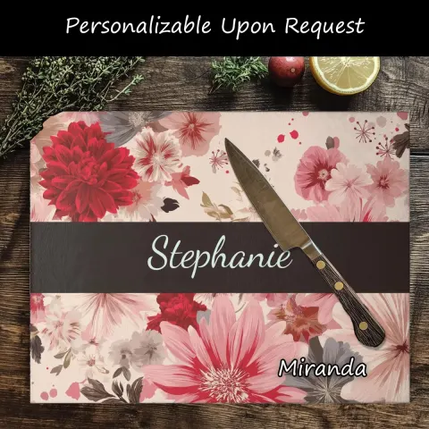 Pink Japanese Floral Glass Cutting Board: Tempered Kitchen Decor, view 3
