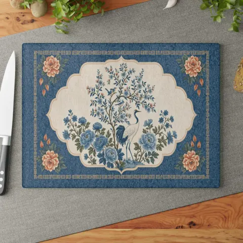Vintage Crane Floral Glass Cutting Board