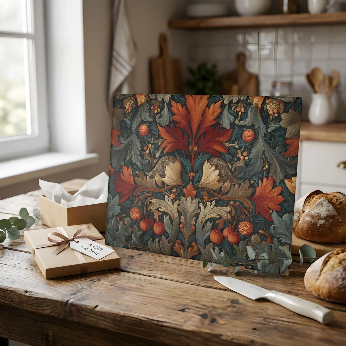 William Morris-inspired Floral Glass Cutting Board: Elegant Kitchen Decor