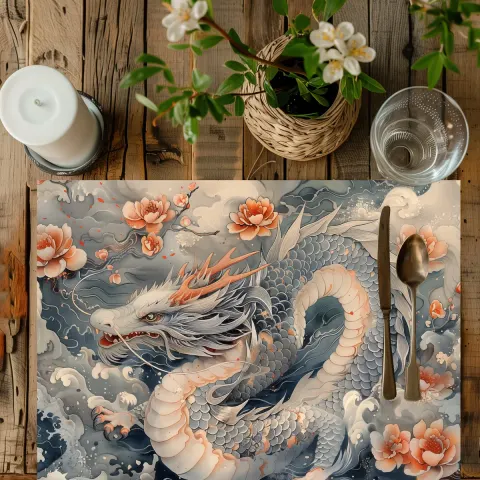 Blue Dragon Placemat: Japanese Lotus Flower Table Decor, view 2