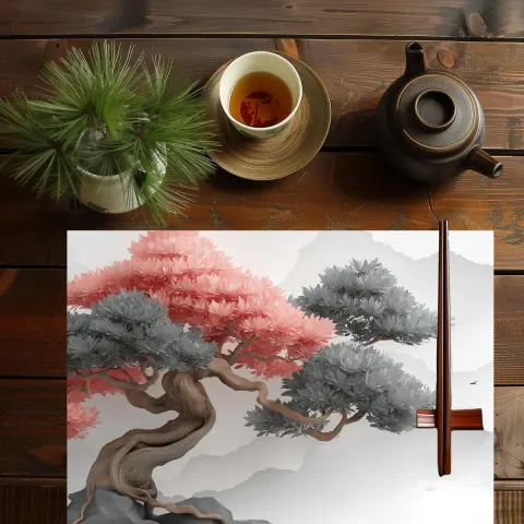 Bonsai Art Placemat: Pink & Gray Japanese Table Decor