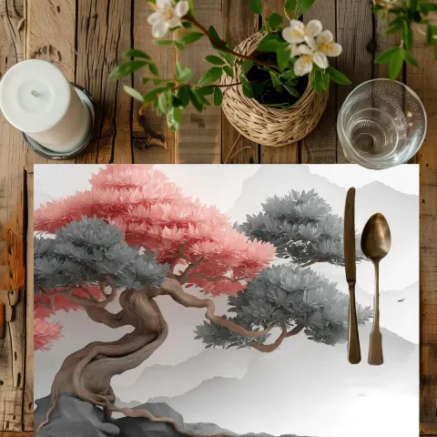 Bonsai Art Placemat: Pink & Gray Japanese Table Decor, view 2