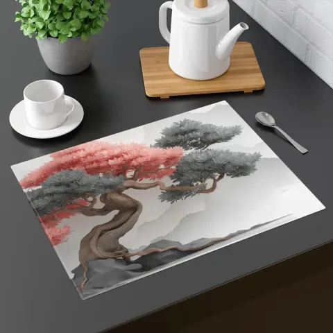 Bonsai Art Placemat: Pink & Gray Japanese Table Decor, view 3