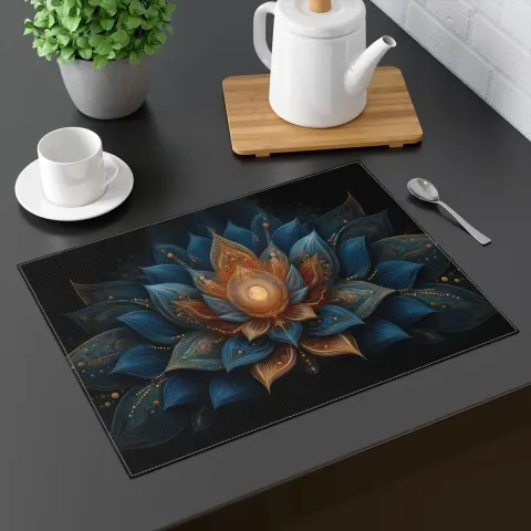 Celestial Blue Gold Lotus Placemat, view 2