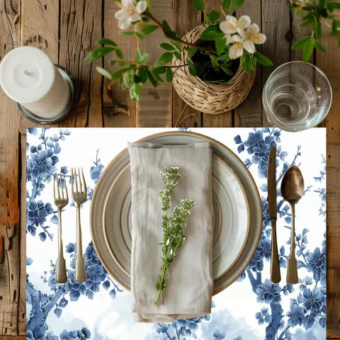 Chinoiserie Blue and White Floral Placemat, view 2