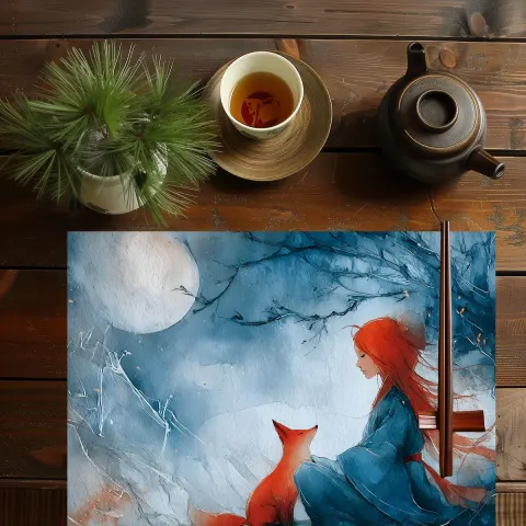 Dining Table Placemat Featuring Japanese Style Red Fox and Girl and Moon