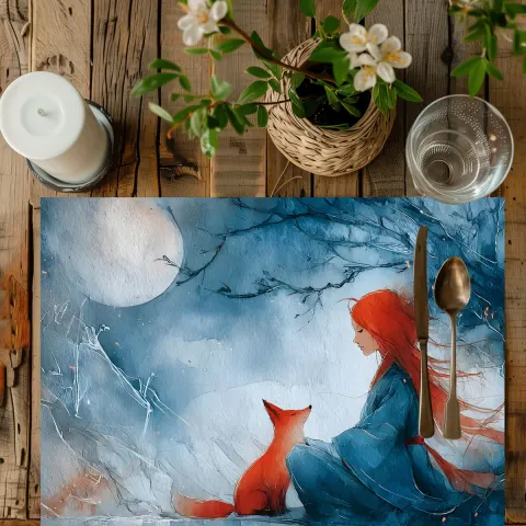 Dining Table Placemat Featuring Japanese Style Red Fox and Girl and Moon, view 2