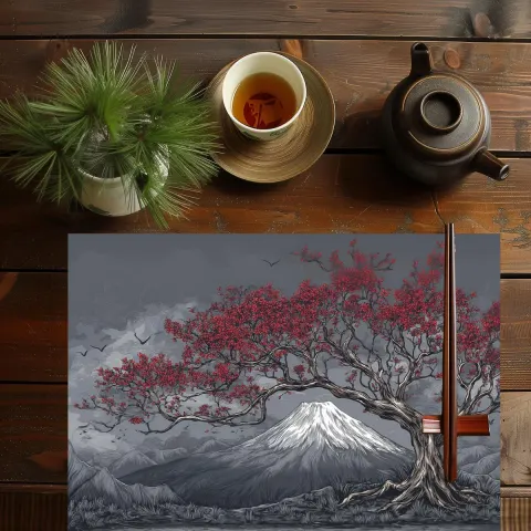 Elegant Japanese Mount Fuji Red Sakura Blossoms Placemat