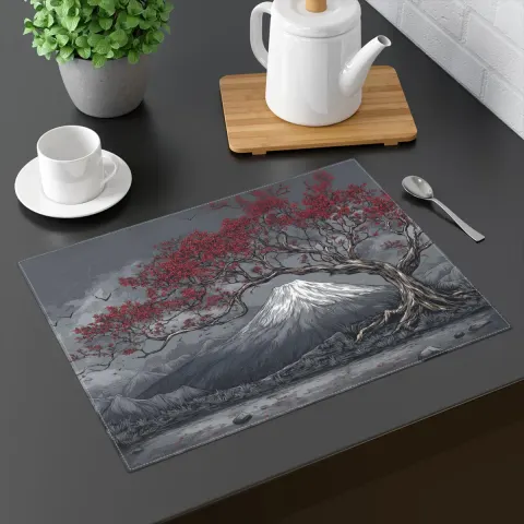 Elegant Japanese Mount Fuji Red Sakura Blossoms Placemat, view 3