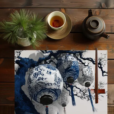Japanese Art Inspired Dining Placemat Featuring Blue and White Bonsai and Paper Lanterns Art