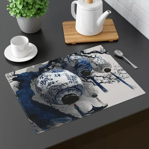 Japanese Art Inspired Dining Placemat Featuring Blue and White Bonsai and Paper Lanterns Art, view 2