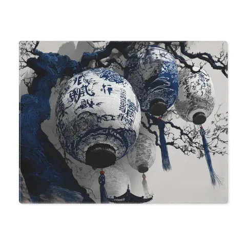 Japanese Art Inspired Dining Placemat Featuring Blue and White Bonsai and Paper Lanterns Art, view 3