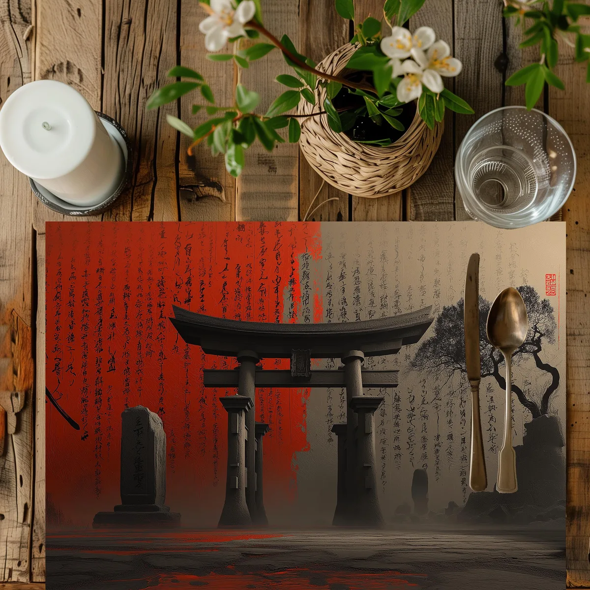 Japanese Tori Gate Placemat: Cotton Dining Table Decor