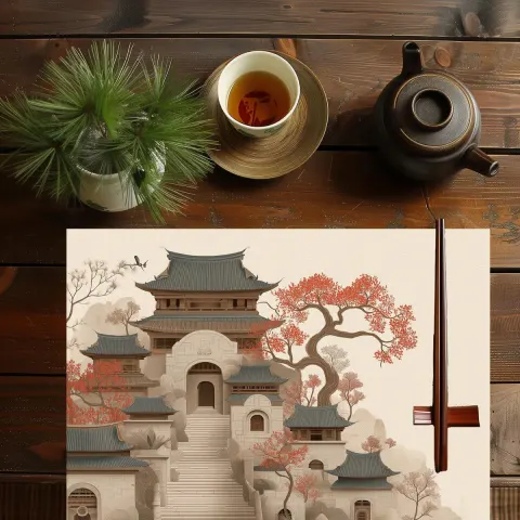 Japanese Zen Temple Placemat: Cotton Dining Table Art