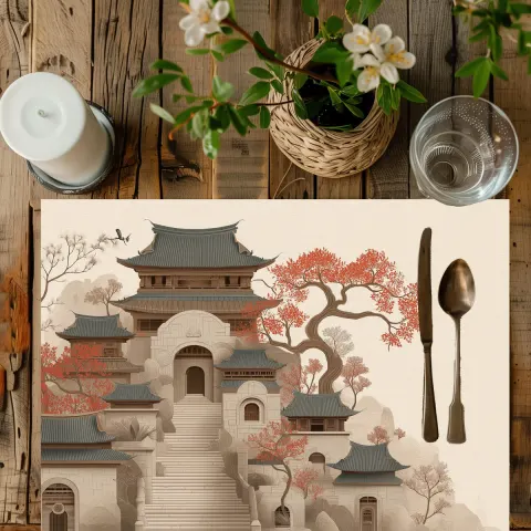 Japanese Zen Temple Placemat: Cotton Dining Table Art, view 2
