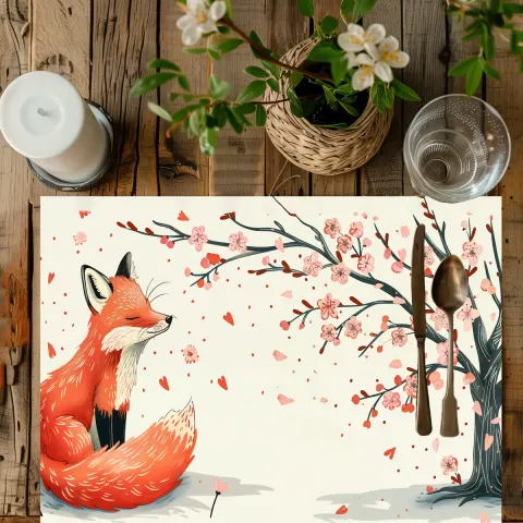 Kawaii Japanese Red Fox Dining Table Placemat, view 2