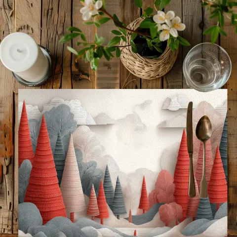 Red Forest Placemat: Vintage Cotton Dining Table Decor