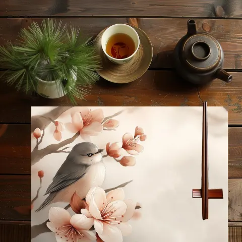 Sakura Songbird Placemat: Japanese Floral Table Decor