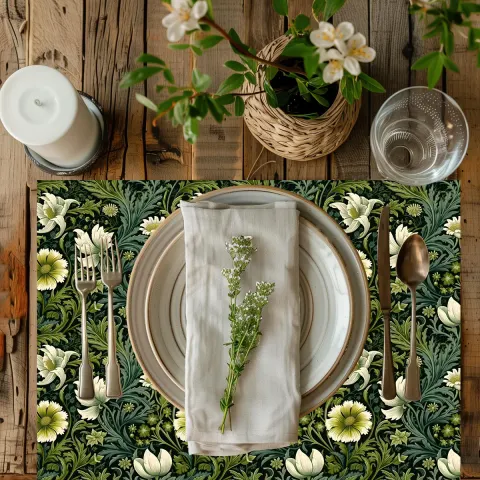 William Morris Inspired Green Floral Dining Table Placemat