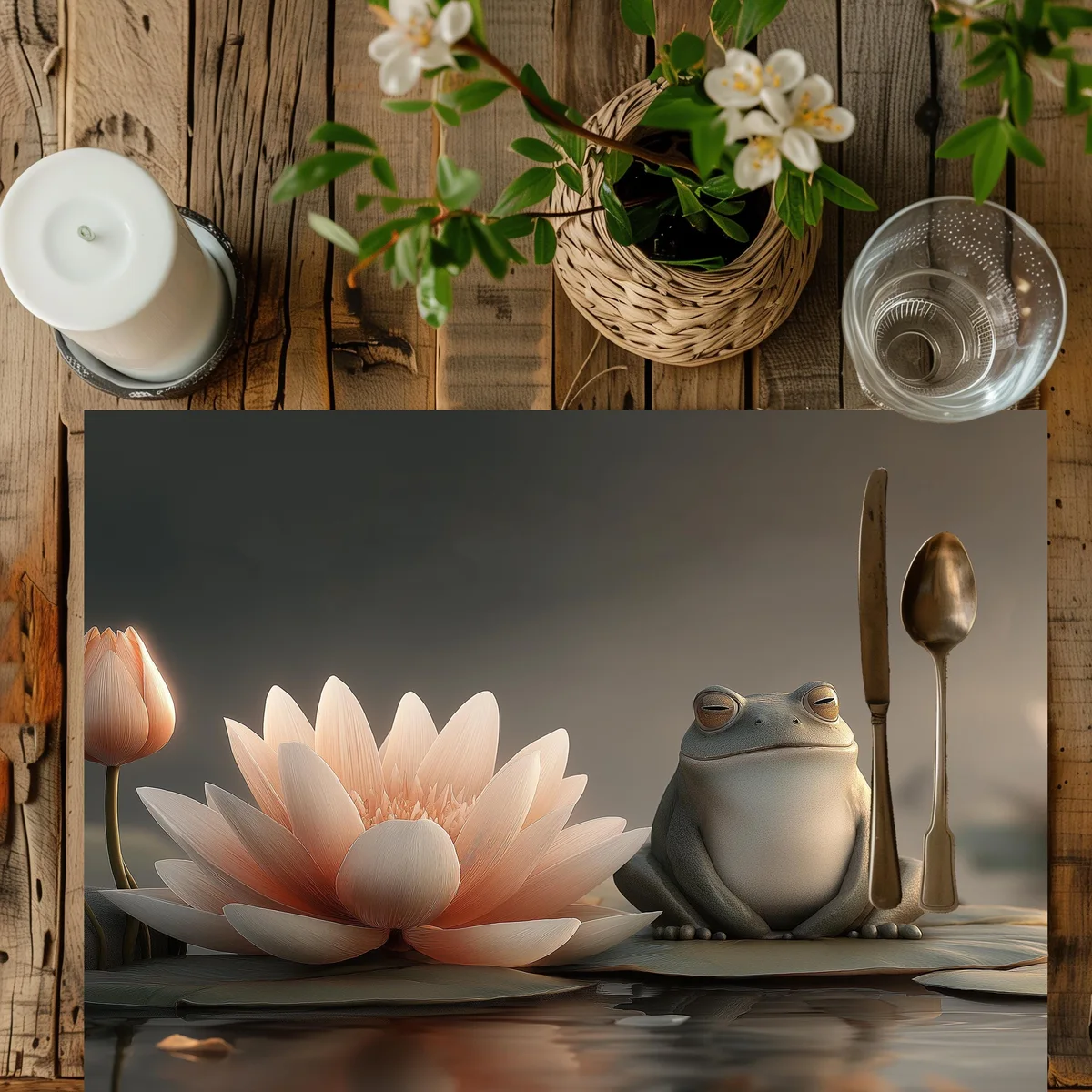 Zen Frog Pond Placemat: Japanese Lotus Design