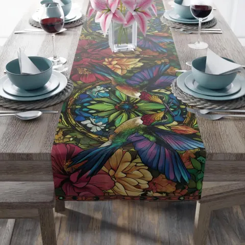 Colorful and Hummingbirds in Look of Stained Glass Polyester Table Runner