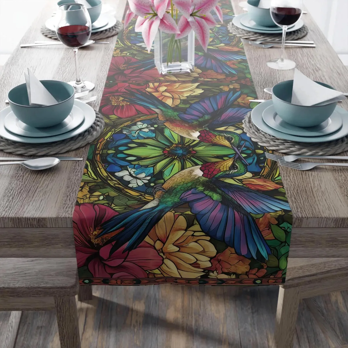 Colorful and Hummingbirds in Look of Stained Glass Polyester Table Runner