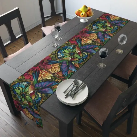 Colorful and Hummingbirds in Look of Stained Glass Polyester Table Runner, view 2