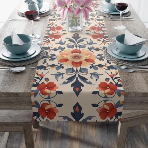 Whimsical Colonial Floral Pattern Polyester Table Runner