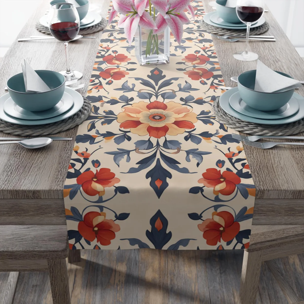 Whimsical Colonial Floral Pattern Polyester Table Runner