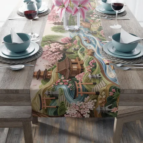 Japanese Cherry Blossom Kawaii Style Polyester Table Runner