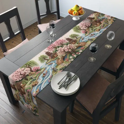 Japanese Cherry Blossom Kawaii Style Polyester Table Runner, view 2