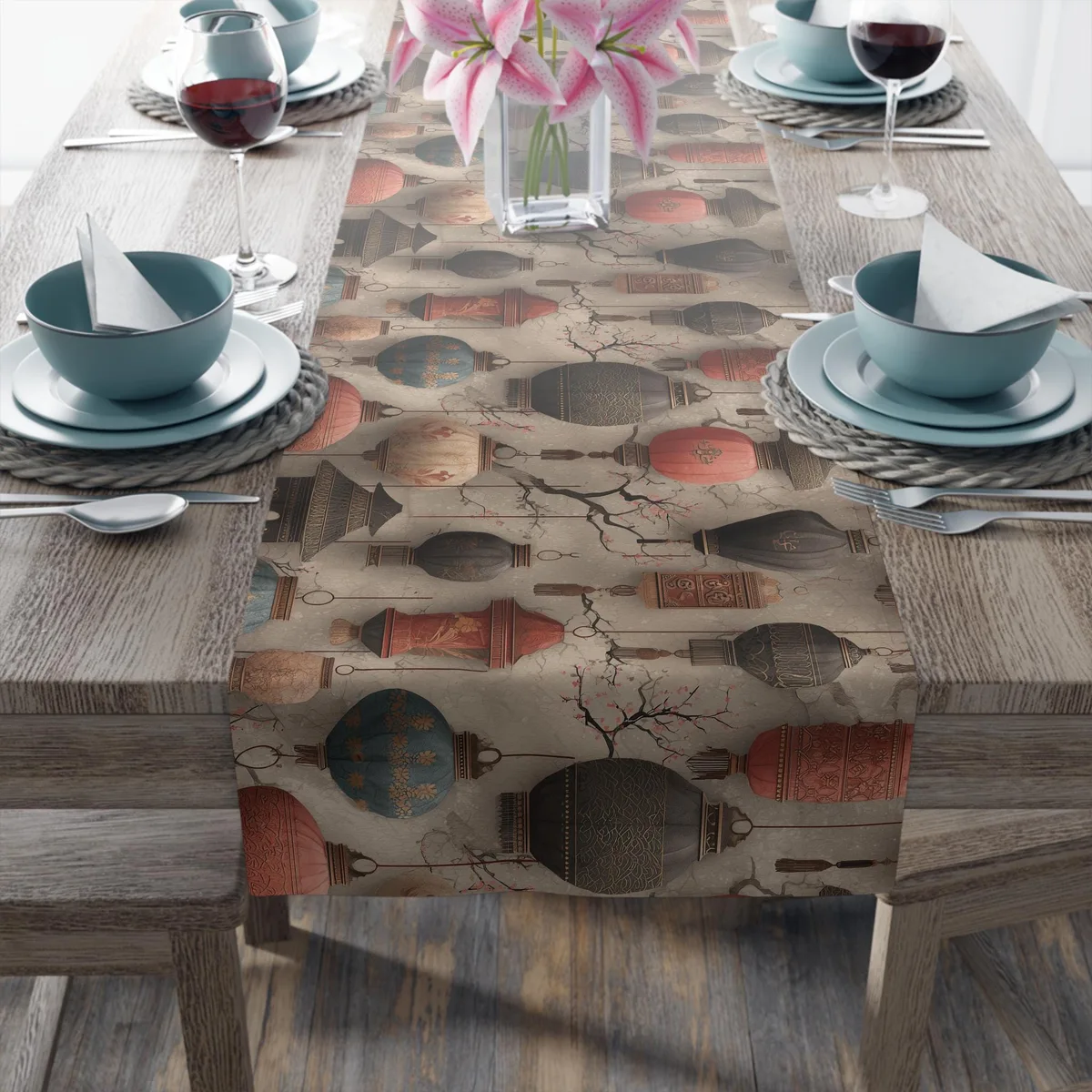 Japanese Pastel Lanterns Art Polyester Table Runner