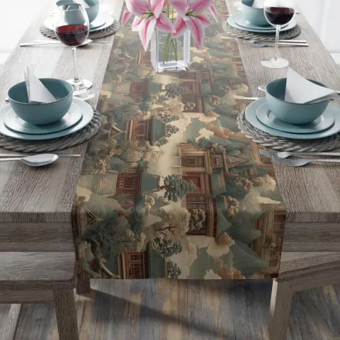 Japanese Temple Art Polyester Table Runner