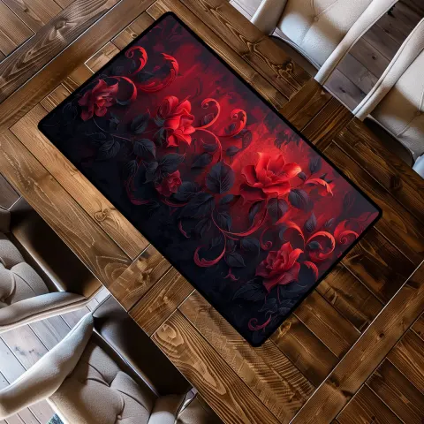 Short Table Runner Featuring Gothic Themed Dark Red and Black Art Nouveau Inspired Flowers