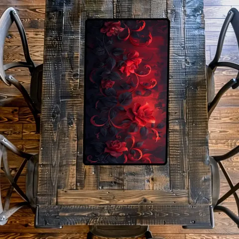 Short Table Runner Featuring Gothic Themed Dark Red and Black Art Nouveau Inspired Flowers, view 2